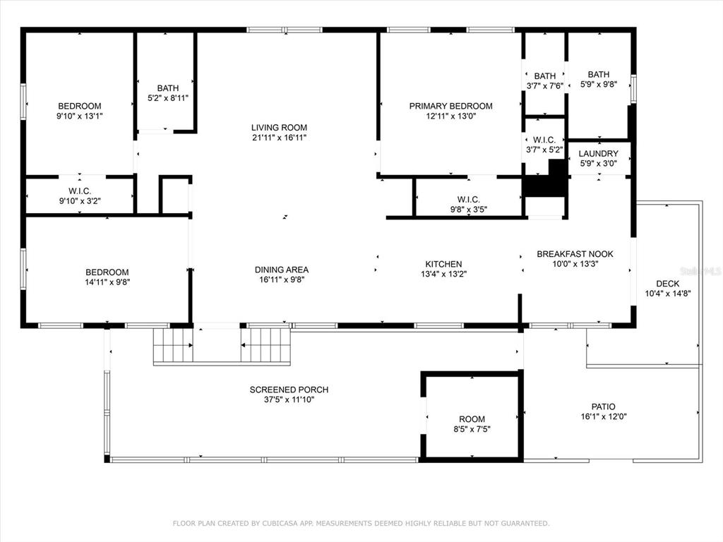 This is a floor plan of a house featuring three bedrooms, a screened porch, and deck — 9182 PINEHAVEN WAY, ENGLEWOOD, FL