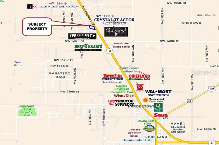 This is a map showing the location of a subject property along Highway 19 — 00 US 19, CHIEFLAND, FL