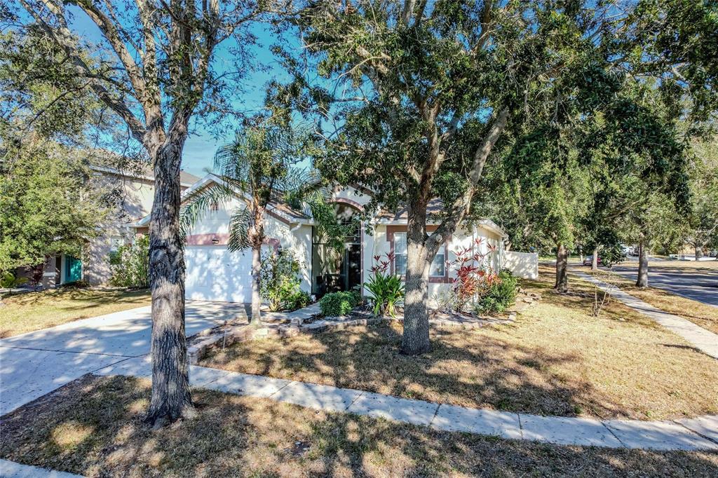 A single-story house with a two-car garage is partially obscured by trees and landscaping — 6803 GUILFORD CREST DRIVE, APOLLO BEACH, FL