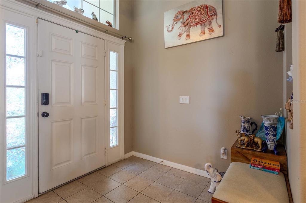 A tiled entryway features a white front door with sidelights, an elephant painting, and decor — 6803 GUILFORD CREST DRIVE, APOLLO BEACH, FL