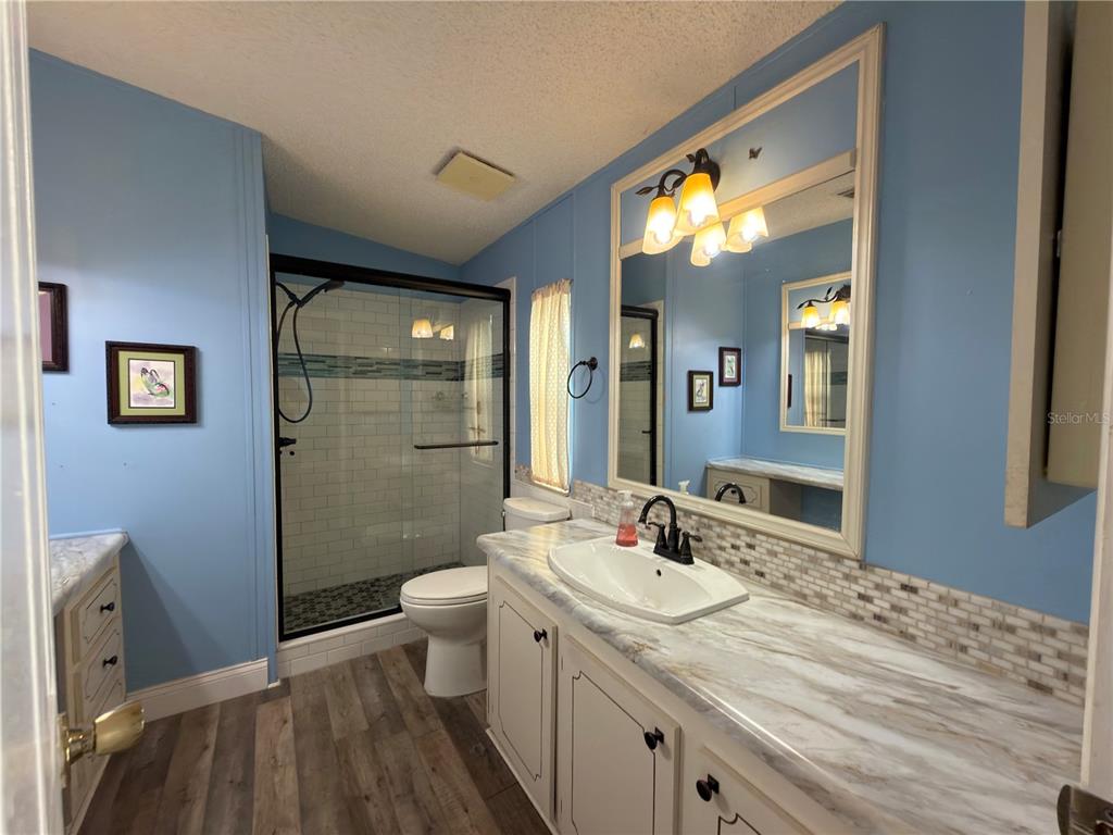 A living room with blue walls, wood-look flooring, and a dining area in the background — 141 VICTORIA DRIVE, HAINES CITY, FL