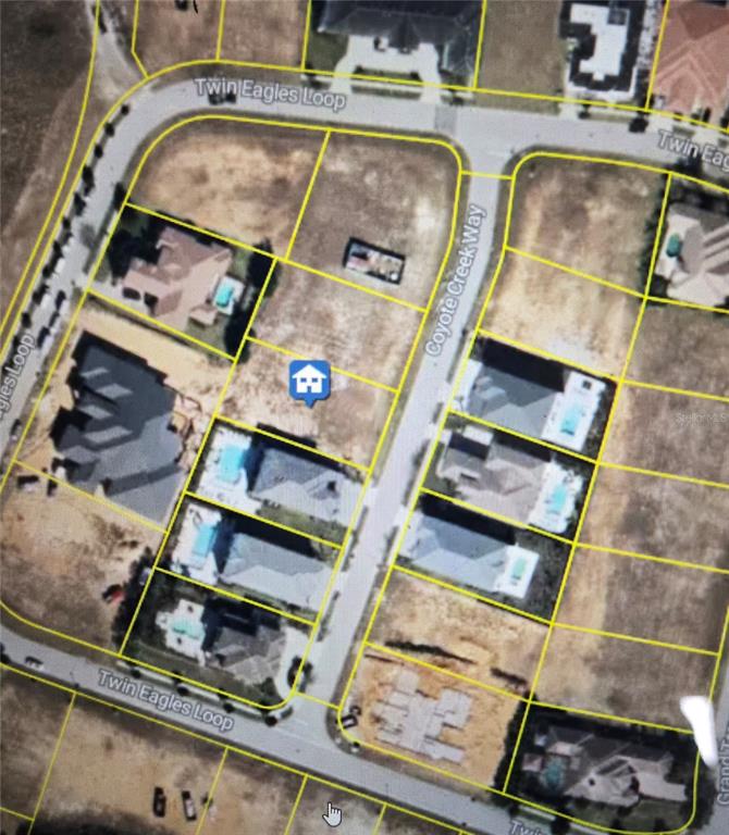 This is an aerial map showing residential lots and houses along Twin Eagles Loop — 1006 COYOTE CREEK WAY, KISSIMMEE, FL
