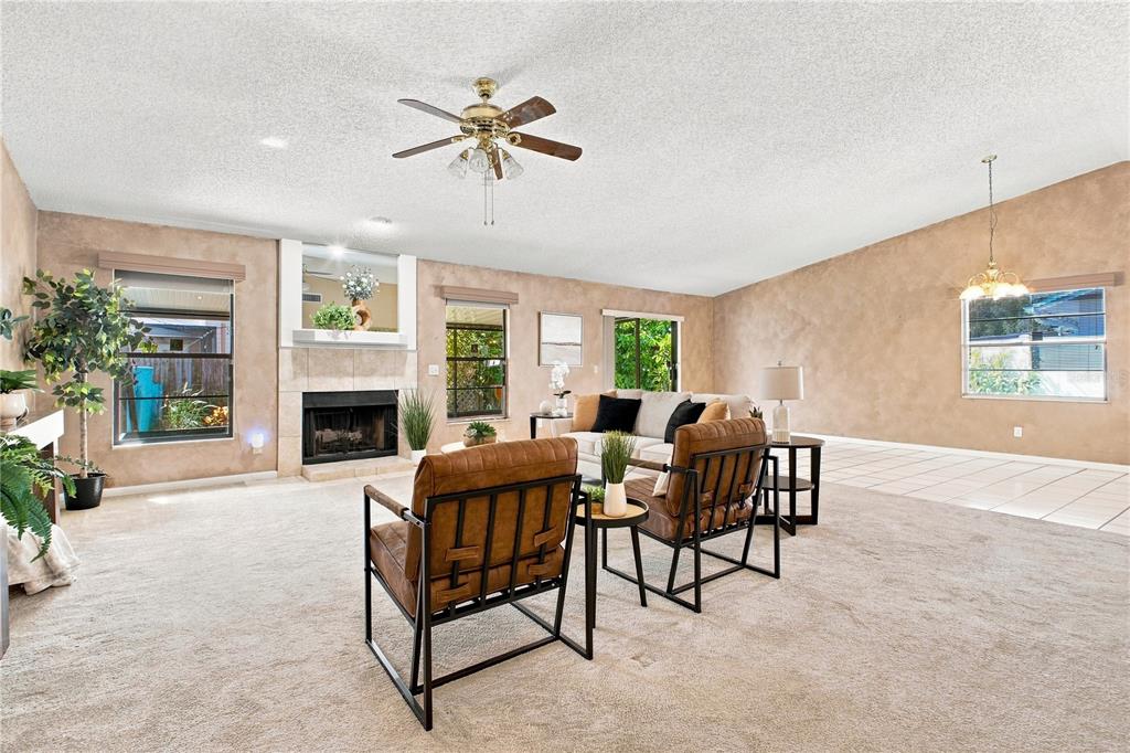 A living room features beige carpet, tan walls, a fireplace, and two brown leather chairs — 6803 LONGPOINTE WAY, TAMPA, FL