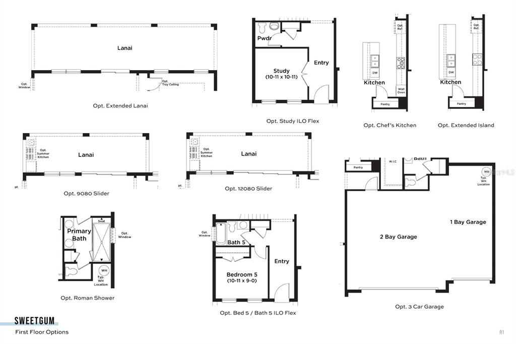 This floor plan shows various optional configurations for a home's first-floor rooms and garage — 5051 ORINOCO LANE, ST CLOUD, FL