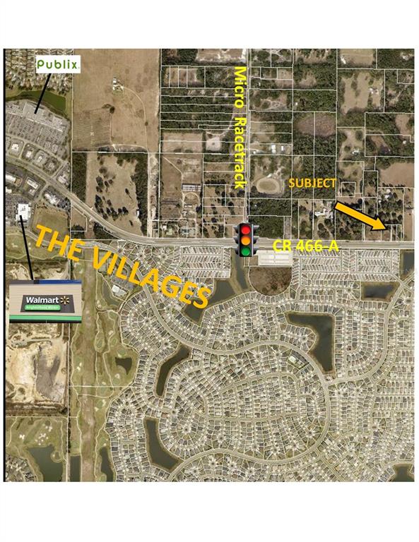 This is an aerial map showing a subject property location relative to nearby commercial developments — 849 COUNTY ROAD 466A, FRUITLAND PARK, FL