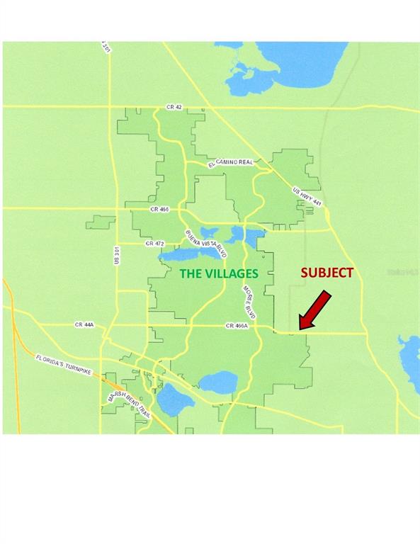 This is a map showing the location of a subject property relative to The Villages — 849 COUNTY ROAD 466A, FRUITLAND PARK, FL