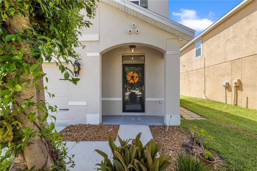 The exterior view shows a covered front entryway with a glass door and landscaping — 7789 TUSCAN BAY CIRCLE, WESLEY CHAPEL, FL