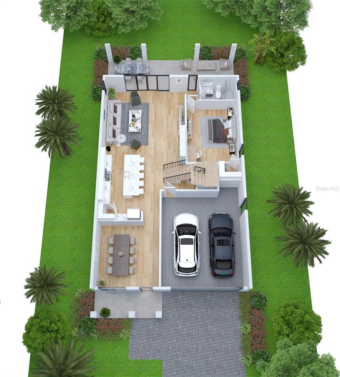 This is a 3D floor plan rendering of a home with a two-car garage and patio — 4314 S RENELLIE DRIVE, TAMPA, FL