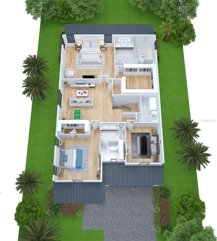 This is a 3D floor plan rendering of a single-story house with three bedrooms — 4314 S RENELLIE DRIVE, TAMPA, FL
