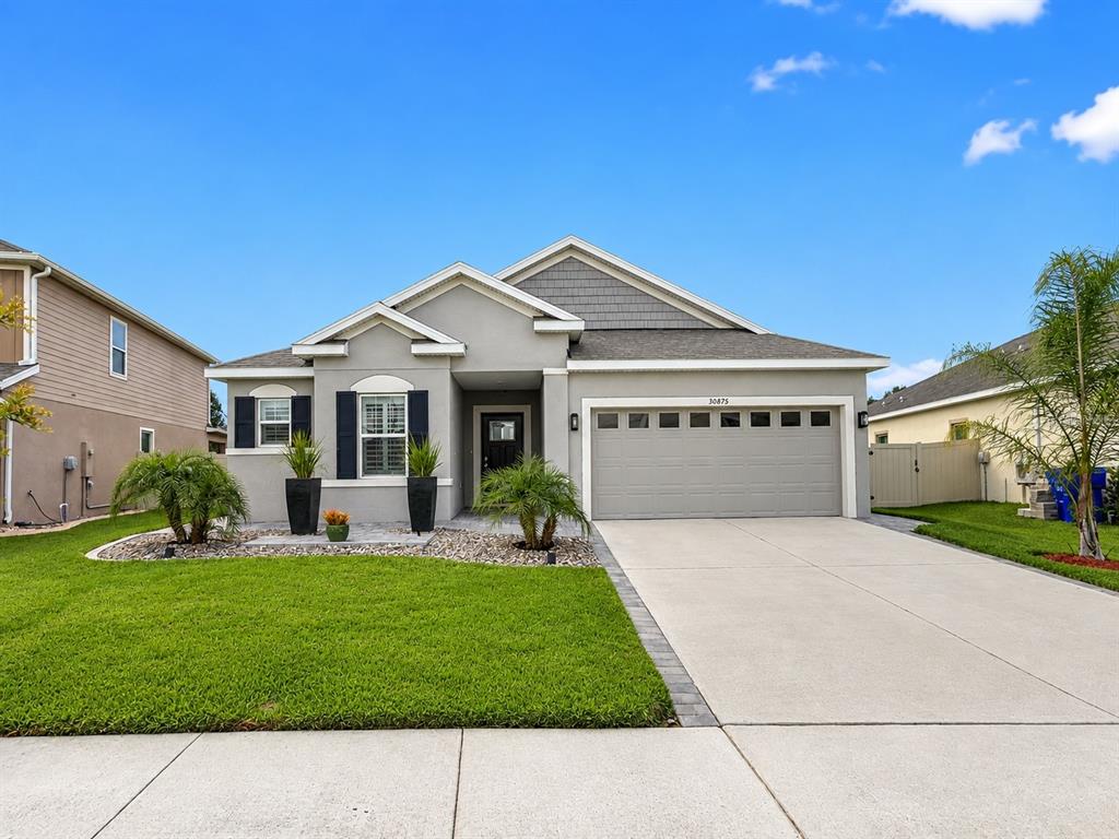 A single-story suburban house with a gray stucco exterior, a two-car garage, and a lawn — 30875 PARROT REEF, WESLEY CHAPEL, FL
