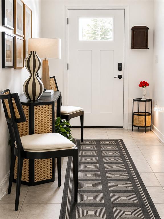 An entryway features a black console table, two cane chairs, and a geometric patterned runner rug — 30875 PARROT REEF, WESLEY CHAPEL, FL