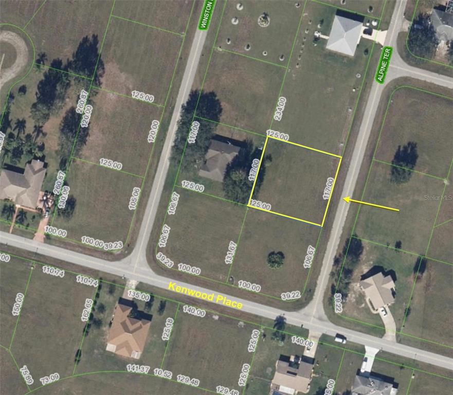 This is an aerial map showing a vacant residential lot highlighted in yellow — 808 ALPINE TERRACE, SEBRING, FL