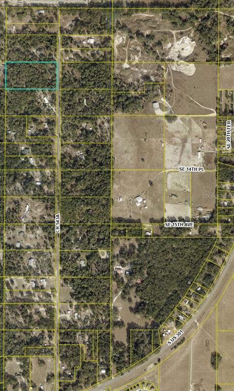 An aerial map view shows a rectangular property outlined in blue near a rural road — 4.80 Acre CR 543A, SUMTERVILLE, FL