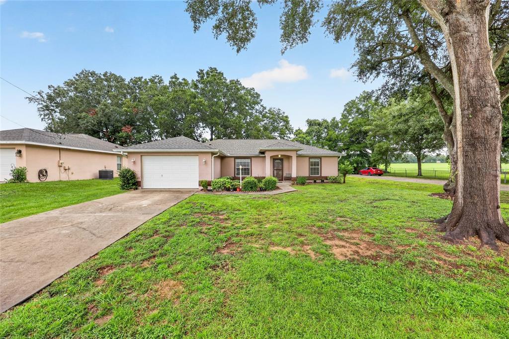 A single-story house with a white garage door, tan exterior, and a large front yard — 8825 SE 155TH PLACE, SUMMERFIELD, FL