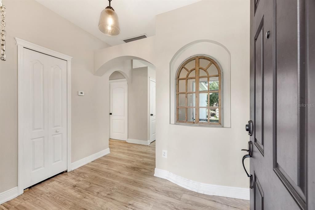 An entryway features light wood flooring, an arched wall niche, and a dark front door — 6116 SKYLARKCREST DRIVE, LITHIA, FL