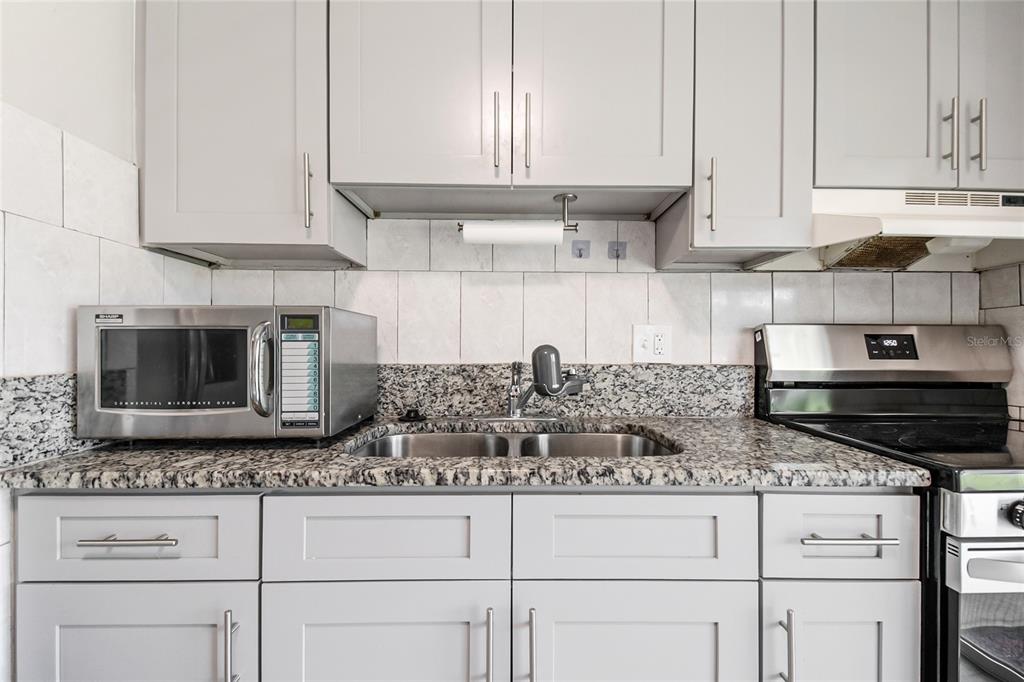 A kitchen features light gray cabinets, granite countertops, a stainless steel microwave, and a sink — 106 LAKE VILLA WAY, KISSIMMEE, FL