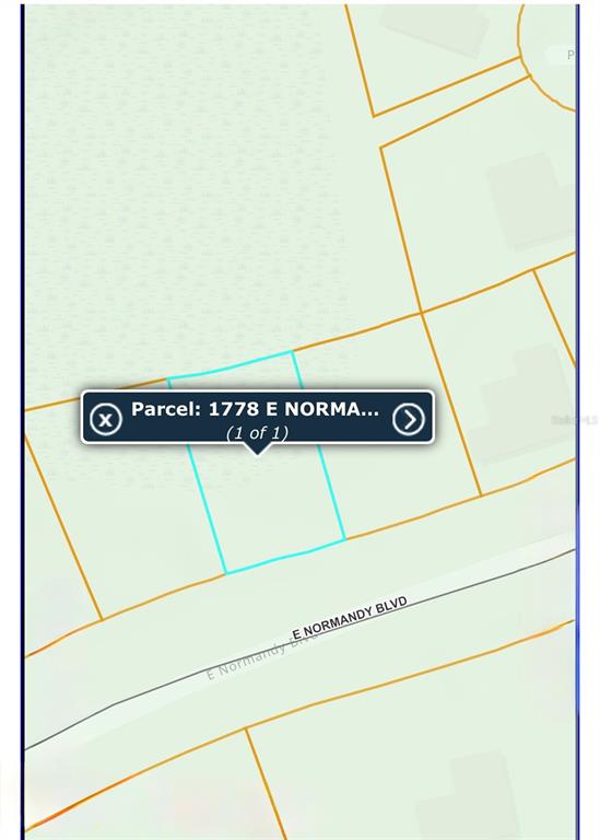 This is a map showing a highlighted parcel of land located along a road — 1778 E NORMANDY BOULEVARD, DELTONA, FL