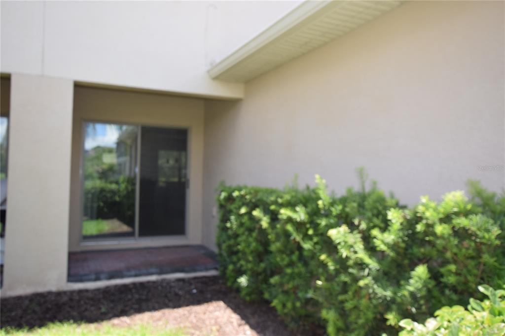 A patio with a sliding glass door sits next to a green hedge — 16097 PEBBLE BLUFF LOOP, WINTER GARDEN, FL
