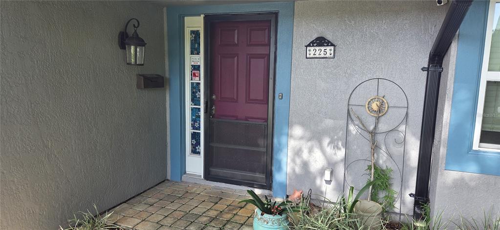 The exterior entryway features a purple front door, a screen door, and a house number — 225 YARMOUTH ROAD, FERN PARK, FL