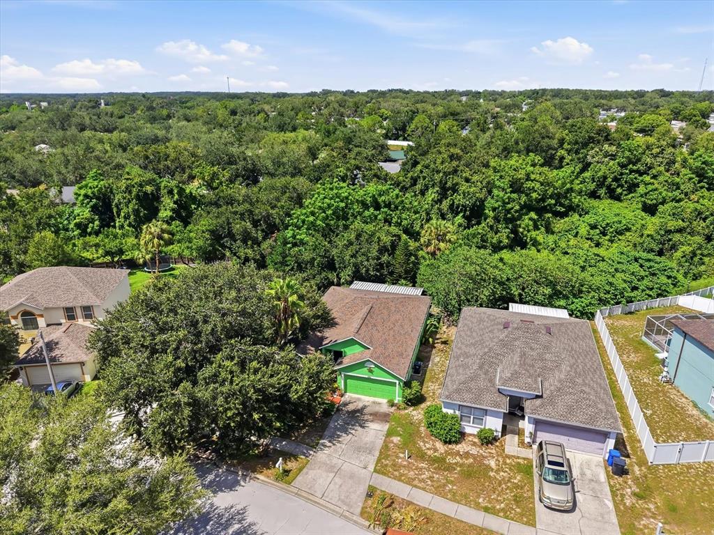An aerial view shows three suburban houses with driveways surrounded by dense green trees — 809 ROCKY MOUNTAIN COURT, VALRICO, FL