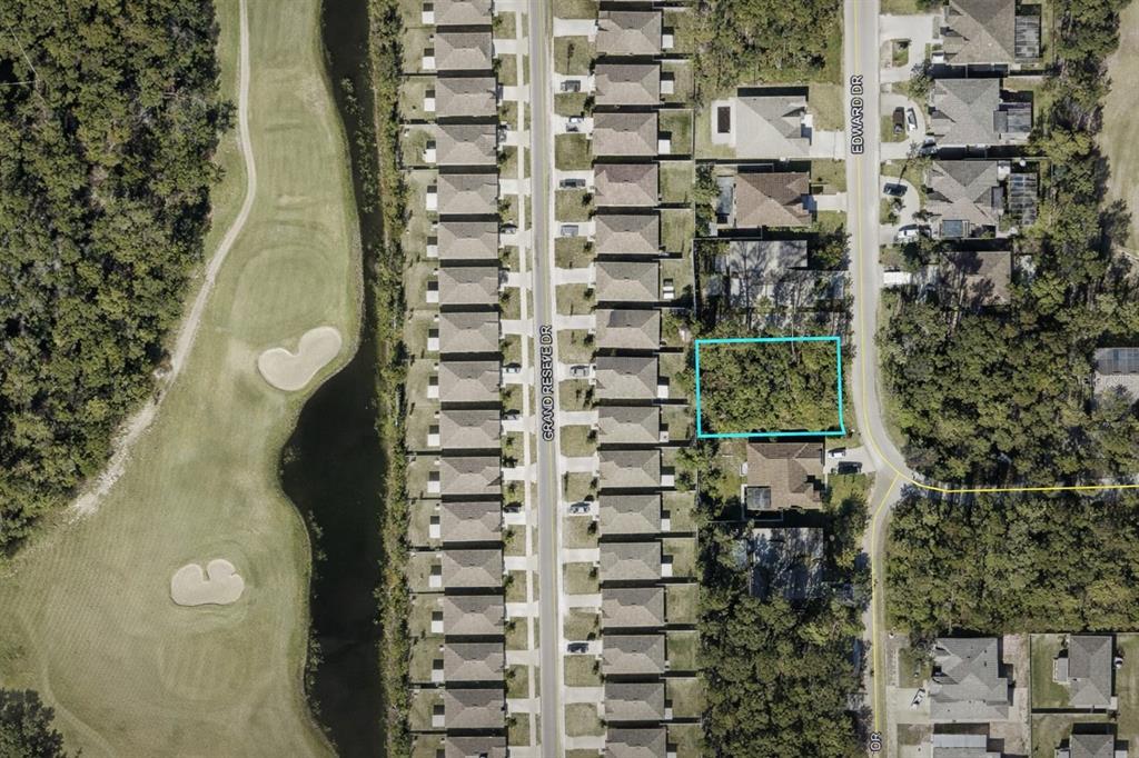This aerial view shows a vacant, rectangular residential lot highlighted in a suburban neighborhood — 116 EDWARD DRIVE, PALM COAST, FL