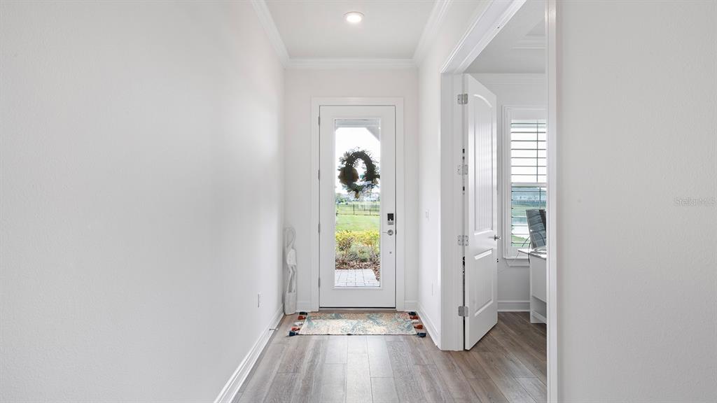 A bright entryway features light wood-look flooring, white walls, and a glass-paneled front door — 13726 TYBEE BEACH LANE, ORLANDO, FL
