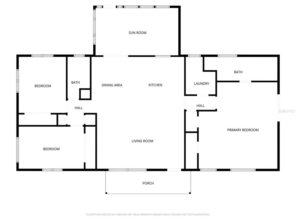 This is a floor plan showing a house with three bedrooms, two baths, and a sunroom — 10350 SE 43RD COURT, BELLEVIEW, FL