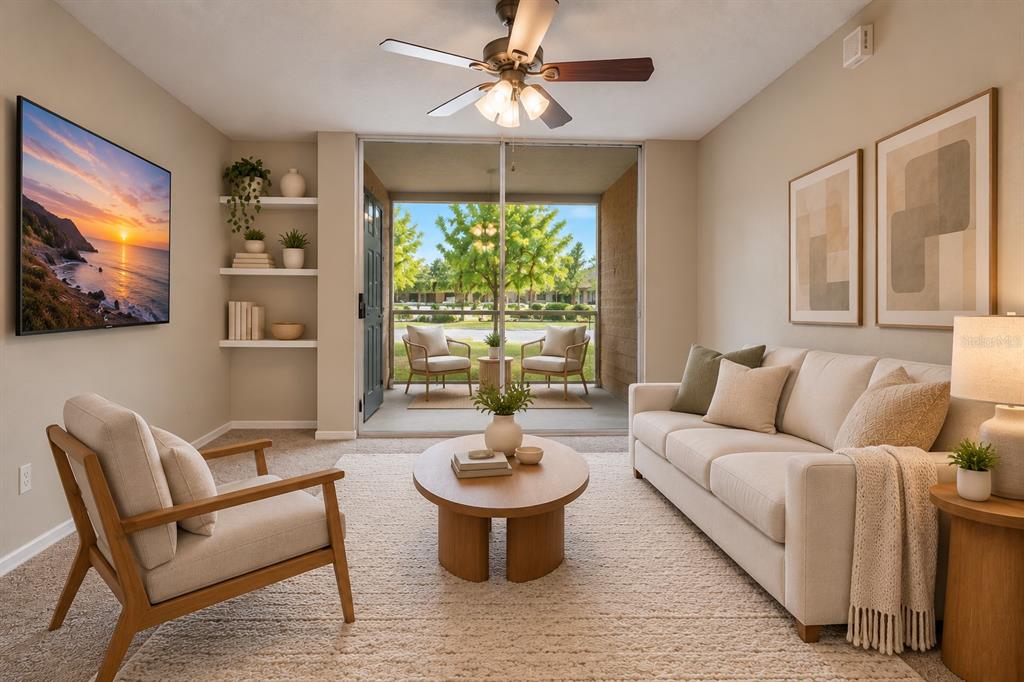 A carpeted living and dining area features a chandelier, ceiling fan, and sliding glass doors — 8825 LATREC AVENUE UNIT 6103, ORLANDO, FL