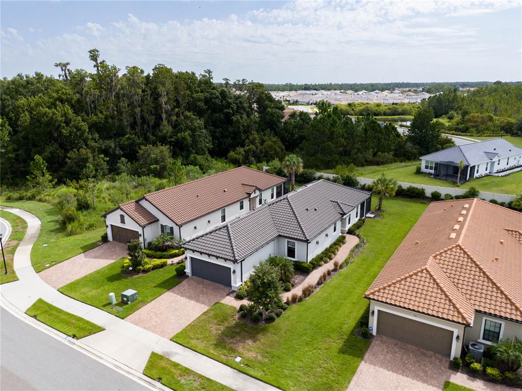 An aerial view shows two adjacent single-story houses with tiled roofs and paved driveways — 4344 CAIROLI COURT, WESLEY CHAPEL, FL