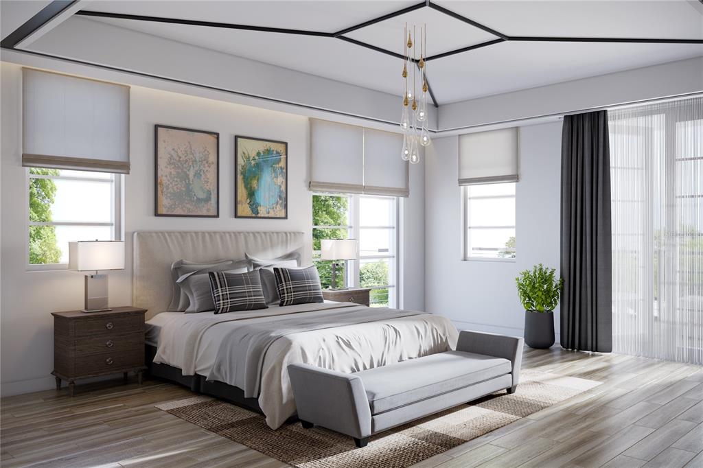 This rendering shows a modern bedroom with a king bed, bench, and large windows — 24 LAKE HOLLINGWORTH DRIVE, LAKELAND, FL