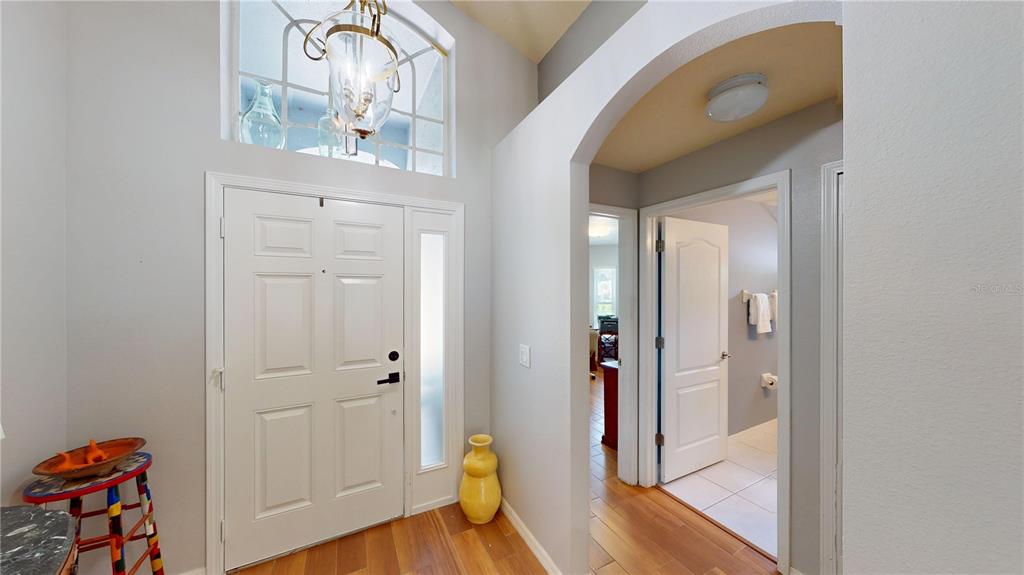A bright entryway features a white front door, hardwood floors, and an arched hallway entrance — 13429 FLADGATE MARK DRIVE, RIVERVIEW, FL