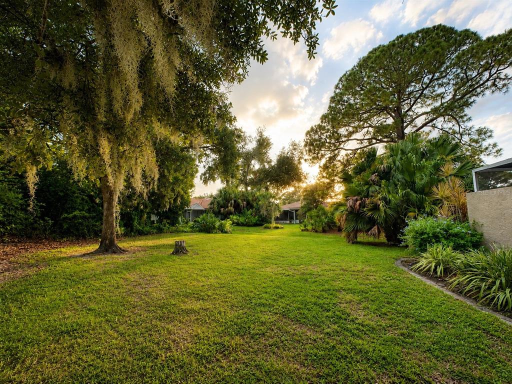 A grassy backyard features mature trees, palm plants, and a view of neighboring houses — 5608 37TH STREET E UNIT 26, BRADENTON, FL