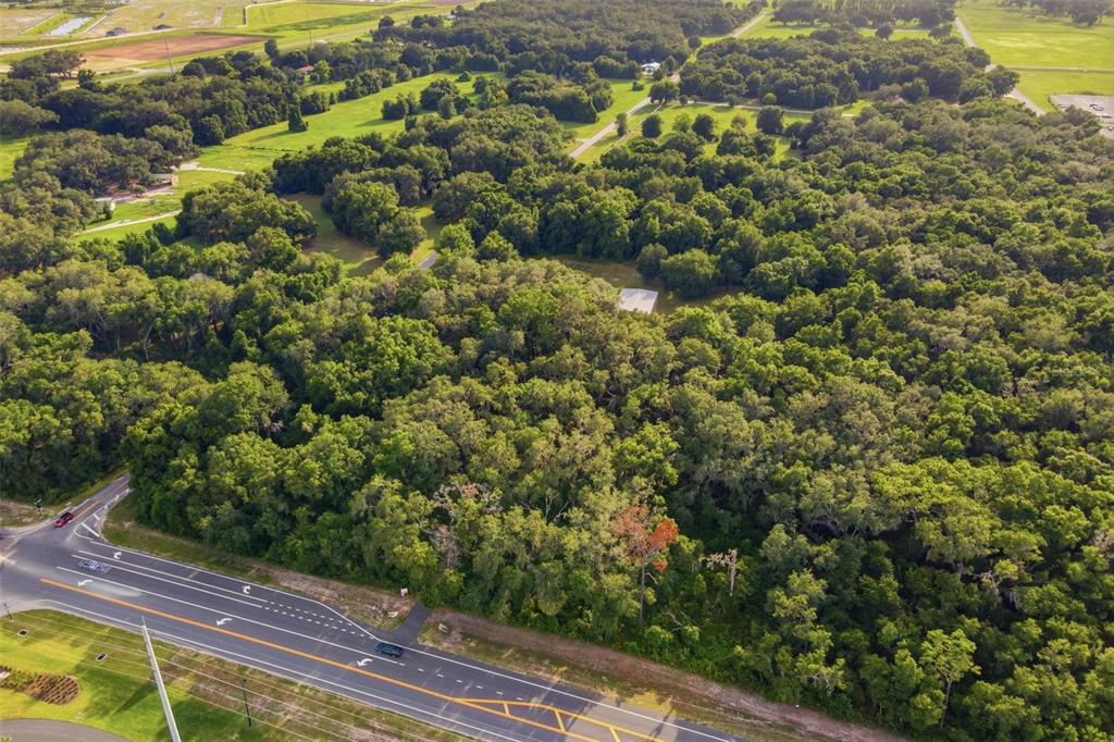 An aerial view shows a dense wooded lot adjacent to a paved multi-lane road — 7112 MARSH BEND TRAIL, WILDWOOD, FL
