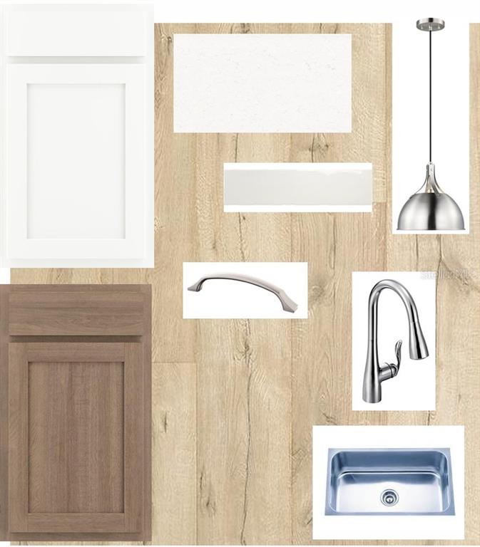 This is a digital design board showing kitchen cabinet, flooring, countertop, and fixture material samples — 11812 FULL MOON LOOP, PARRISH, FL