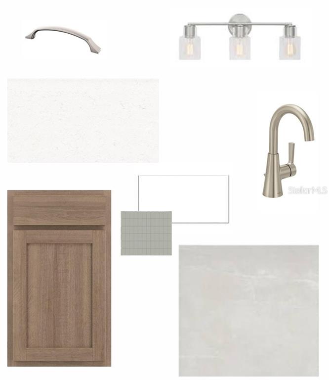 This image is a digital design board showing cabinet, countertop, tile, faucet, and lighting samples — 11812 FULL MOON LOOP, PARRISH, FL