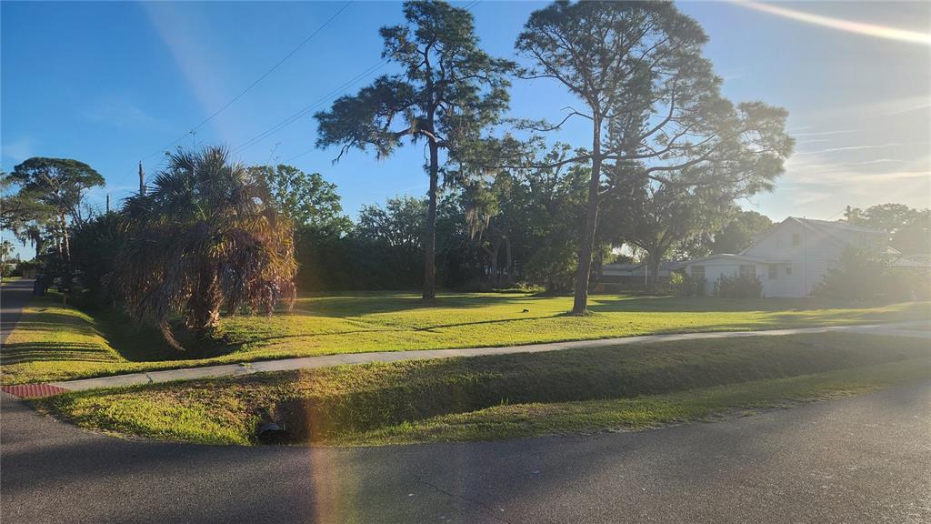 A vacant, grassy residential lot features several tall pine trees and a sidewalk — 4TH AVE SW, RUSKIN, FL