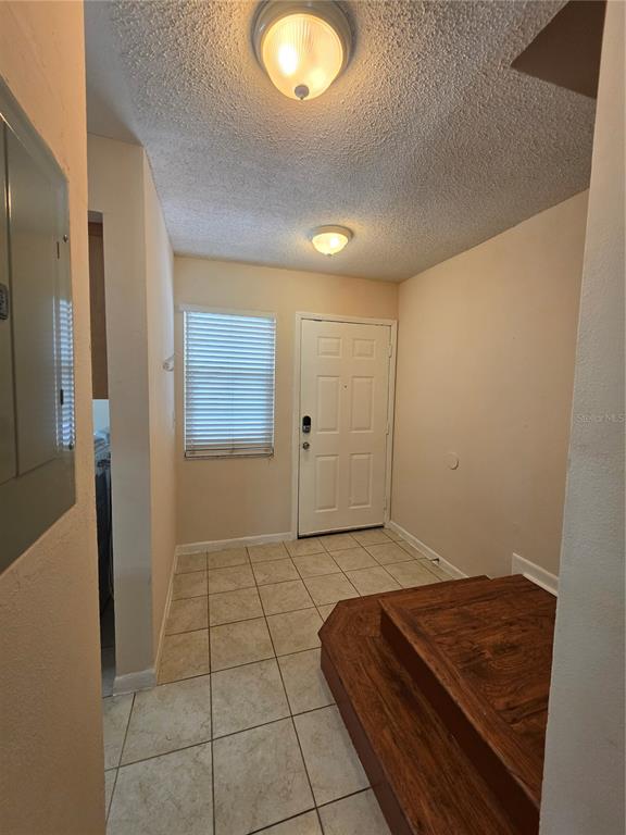 An entryway with tiled flooring, a wooden step, a white door, and two ceiling lights — 5202 SUNRIDGE PALMS DRIVE UNIT 5202, TAMPA, FL
