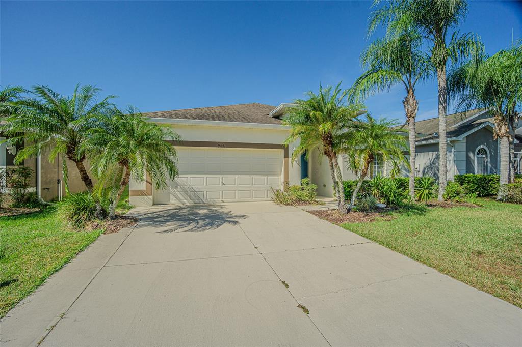 A single-story house with a beige exterior, a two-car garage, and palm trees in front — 9506 ROLLING CIRCLE, SAN ANTONIO, FL