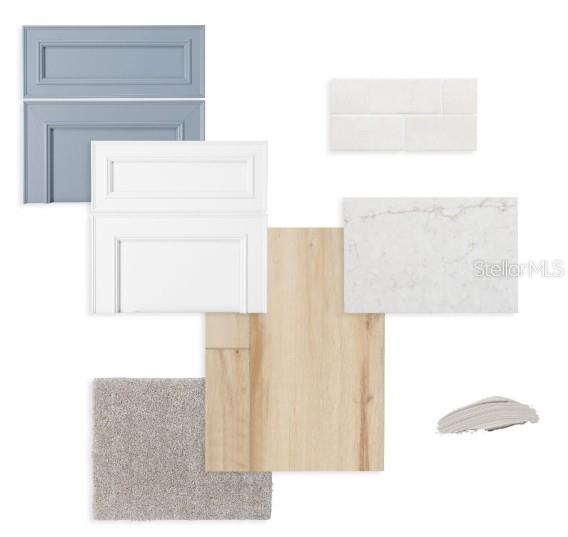 This is a digital design board showing samples of flooring, cabinetry, tile, and countertop finishes — 5656 SAVANNA VALLEY TRL, ST CLOUD, FL