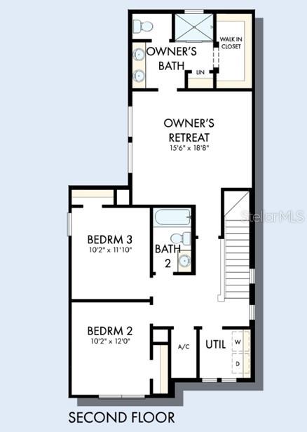 This is a floor plan of a second-floor layout featuring three bedrooms, two bathrooms, and laundry — 5656 SAVANNA VALLEY TRL, ST CLOUD, FL