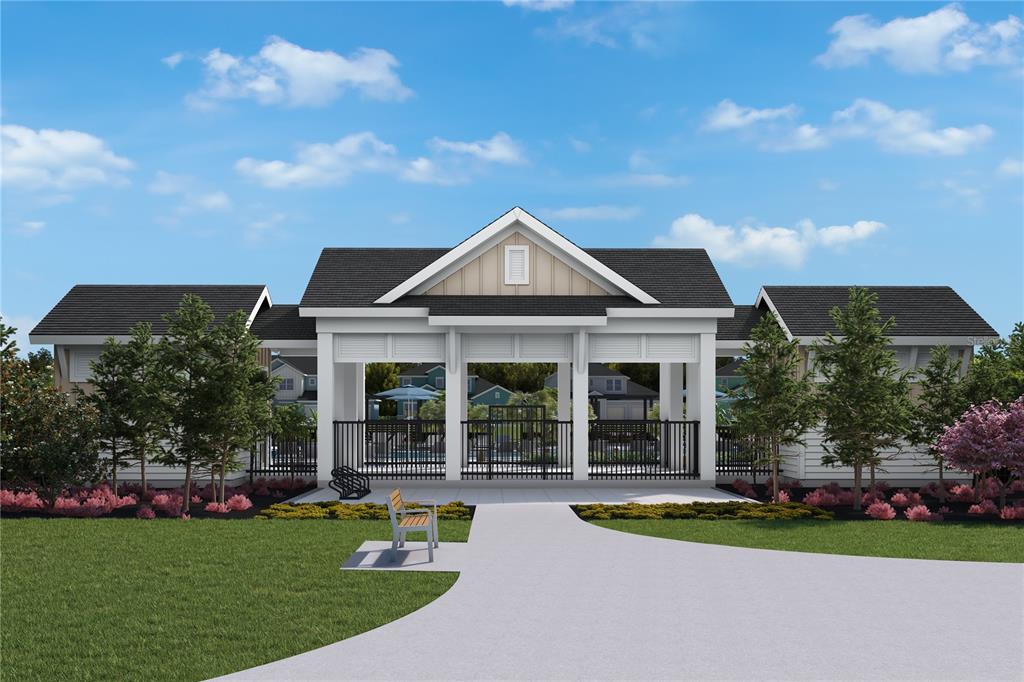 A digital rendering of a community clubhouse exterior with a central pavilion and black fencing — 5656 SAVANNA VALLEY TRL, ST CLOUD, FL
