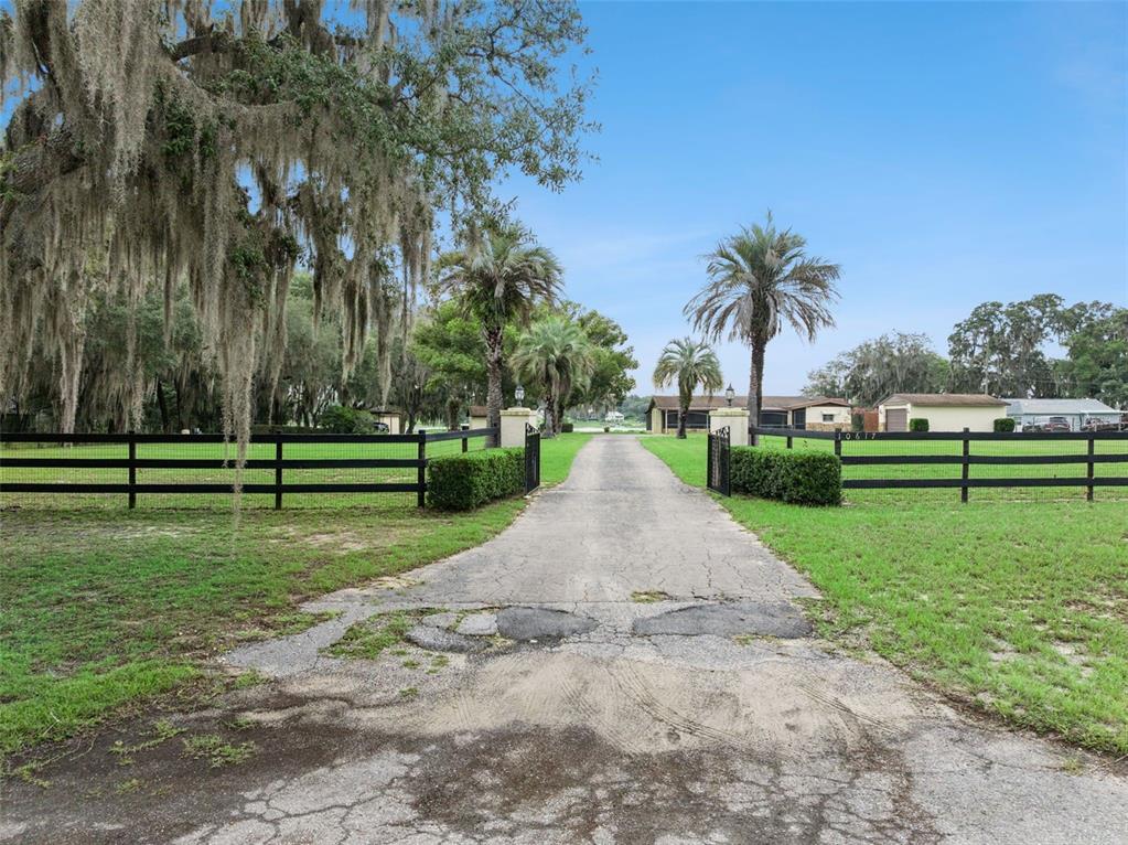 A paved driveway leads through an open gate toward a house framed by palm trees — 10617 SE 95TH TERRACE, BELLEVIEW, FL