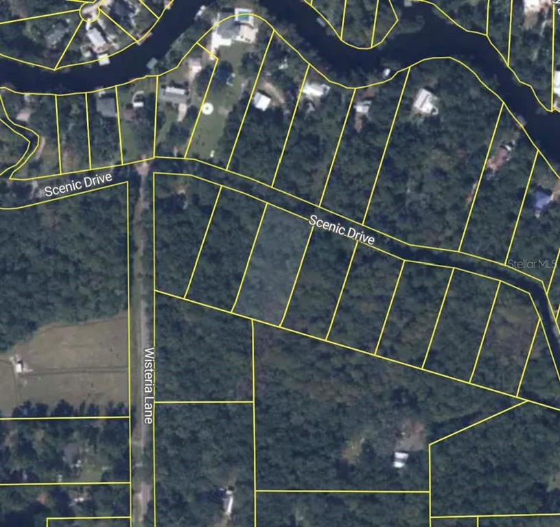 This is an aerial map showing property lot lines along Scenic Drive and Wisteria Lane — SCENIC DRIVE, MIDDLEBURG, FL