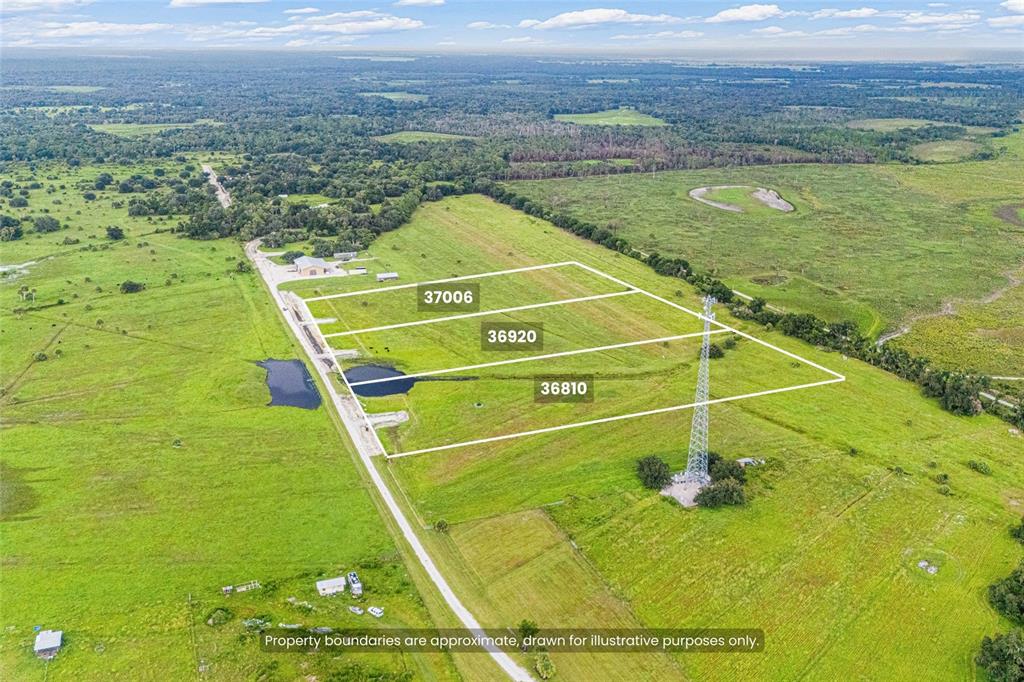 An aerial view shows three adjacent rural land parcels marked with white boundary lines — 37006 KVILLE ROAD, MYAKKA CITY, FL