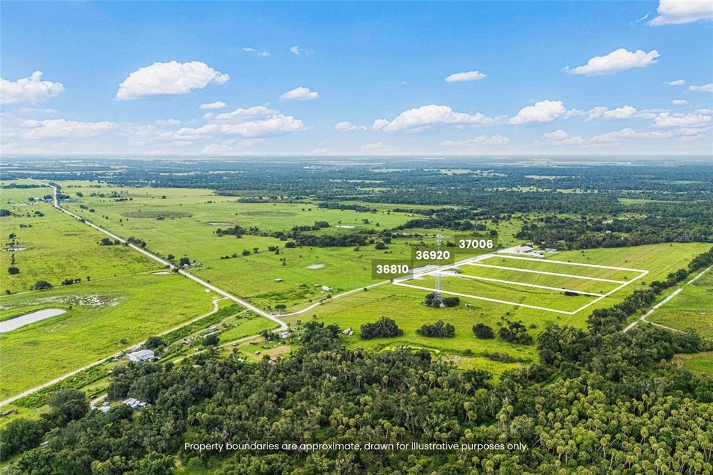 An aerial view shows three adjacent rural land parcels outlined in white — 37006 KVILLE ROAD, MYAKKA CITY, FL