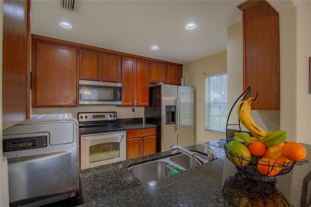 A kitchen featuring dark wood cabinets, granite countertops, stainless steel appliances, and a fruit basket — 10917 BRICKSIDE COURT, RIVERVIEW, FL