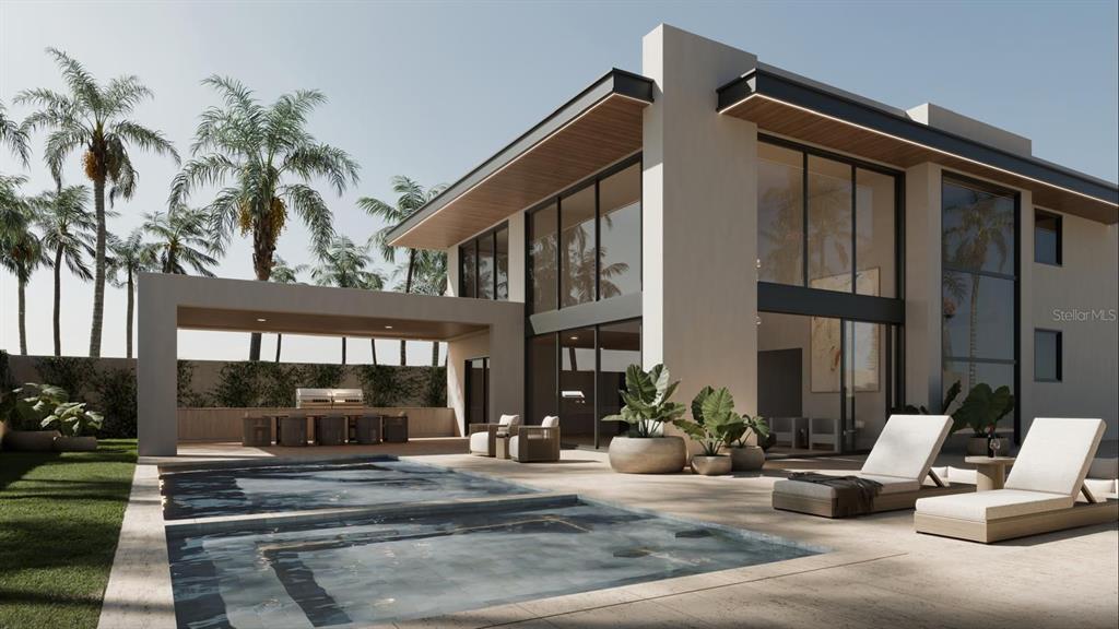 This is a rendering of a modern two-story home with a pool and outdoor kitchen — 45 SERENO, GUAYNABO, PR