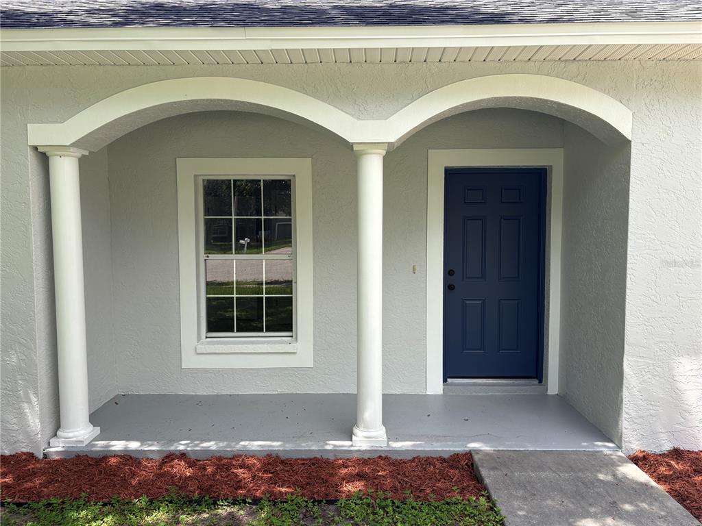 A covered front porch with two white columns, a window, and a blue front door — 1415 CRISTO REY PLACE, PLANT CITY, FL