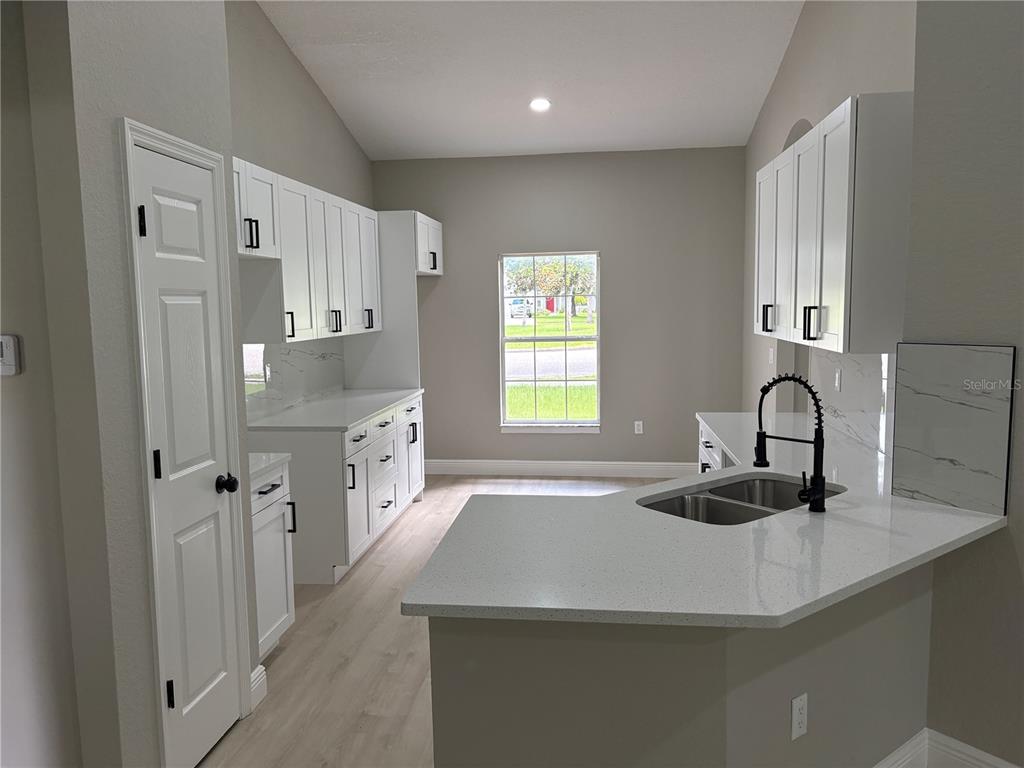 A kitchen features white cabinets, quartz countertops, a double sink, and light-colored wood-look flooring — 1415 CRISTO REY PLACE, PLANT CITY, FL
