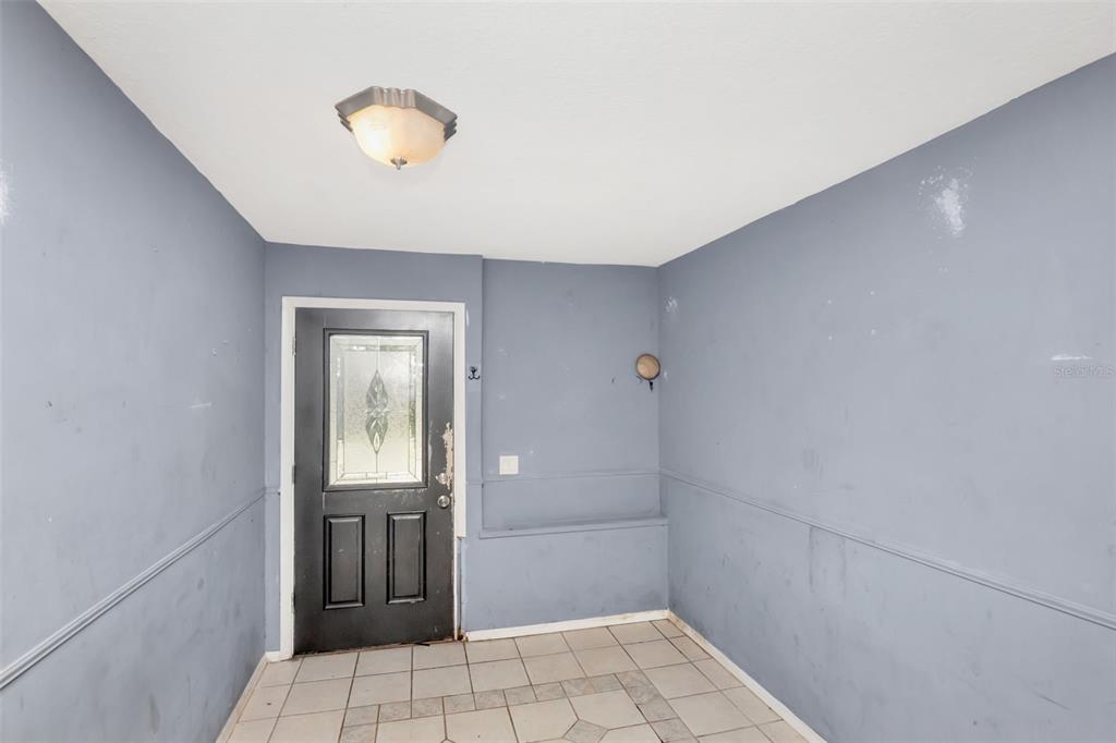 An entryway features blue walls, a tiled floor, a black front door, and a ceiling light — 1009 MERCER LOOP, PLANT CITY, FL